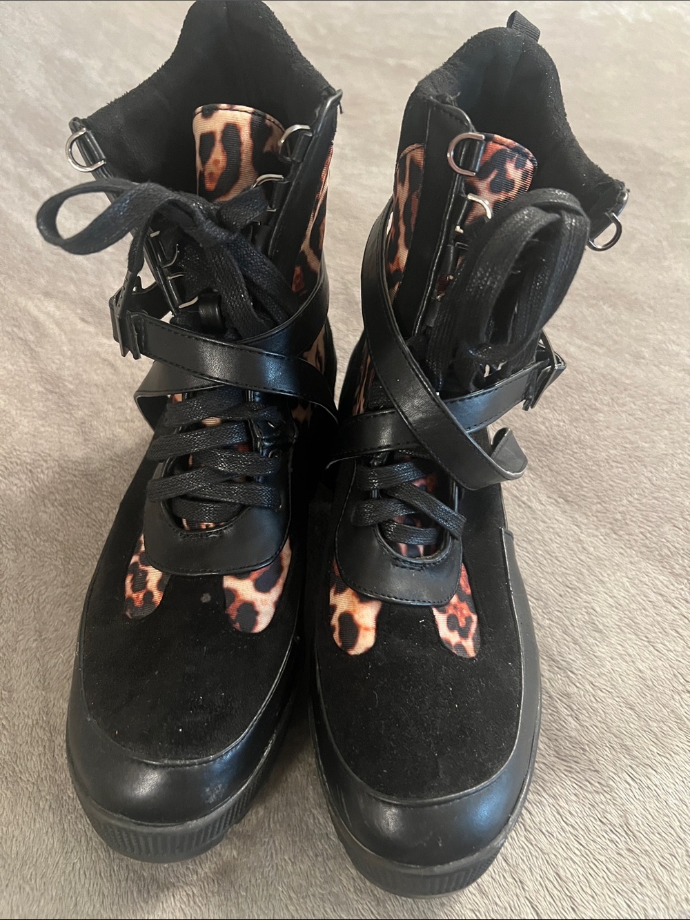Cape Robbin Black Lace-Up Ankle Boots with Leopard Panels back to school